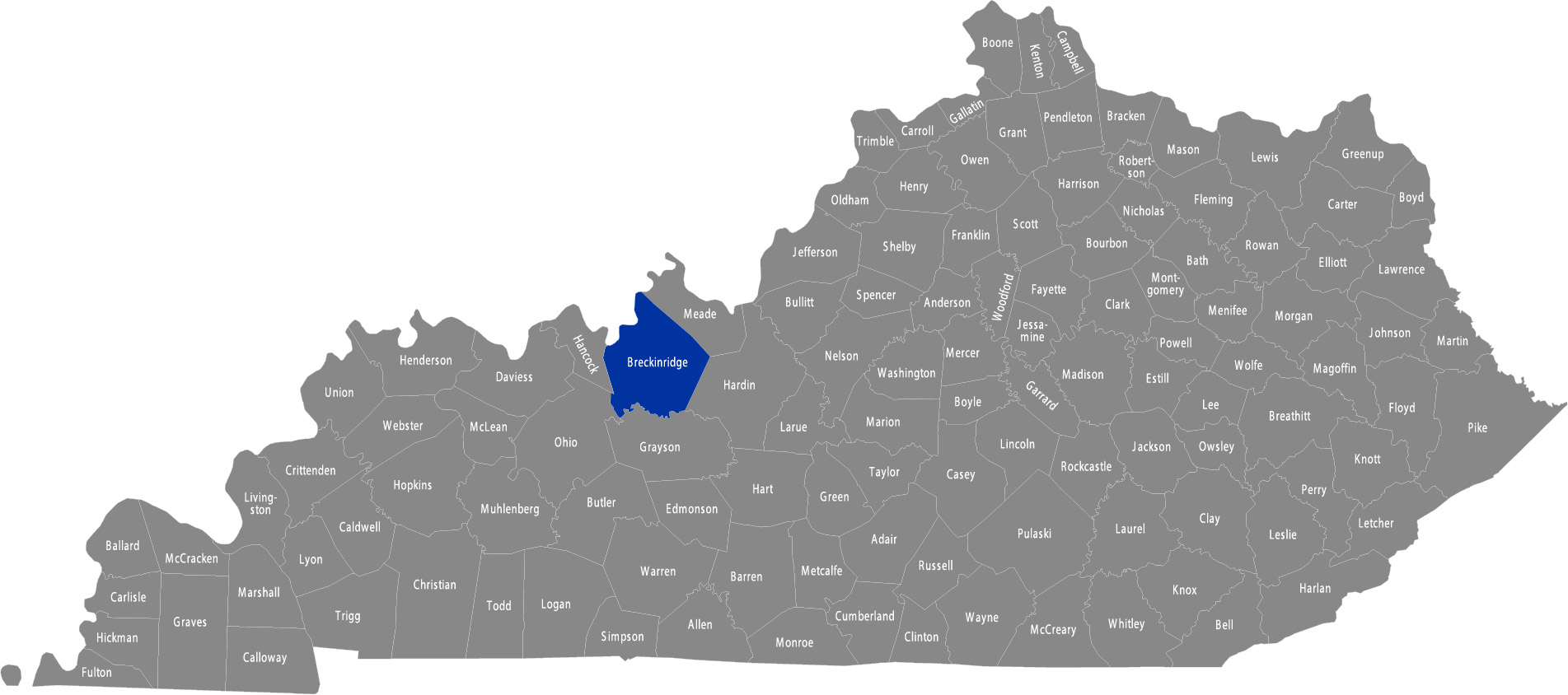 State of Kentucky map with Breckinridge County highlighted